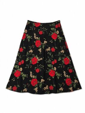 Vintage Black Floral Midi Skirt with Red Roses, Size Large
